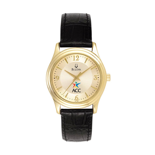 Women's Bulova Gold/Black Austin Community College Stainless Steel Watch with Leather Band