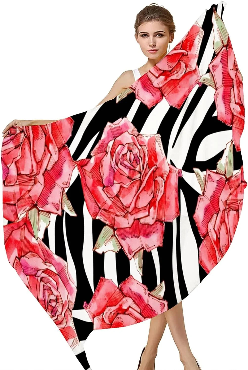 Hyjoy Watercolor Red Roses Long Silk Neck Scarf Lightweight Shawl Wrap Scarves Women Girls
