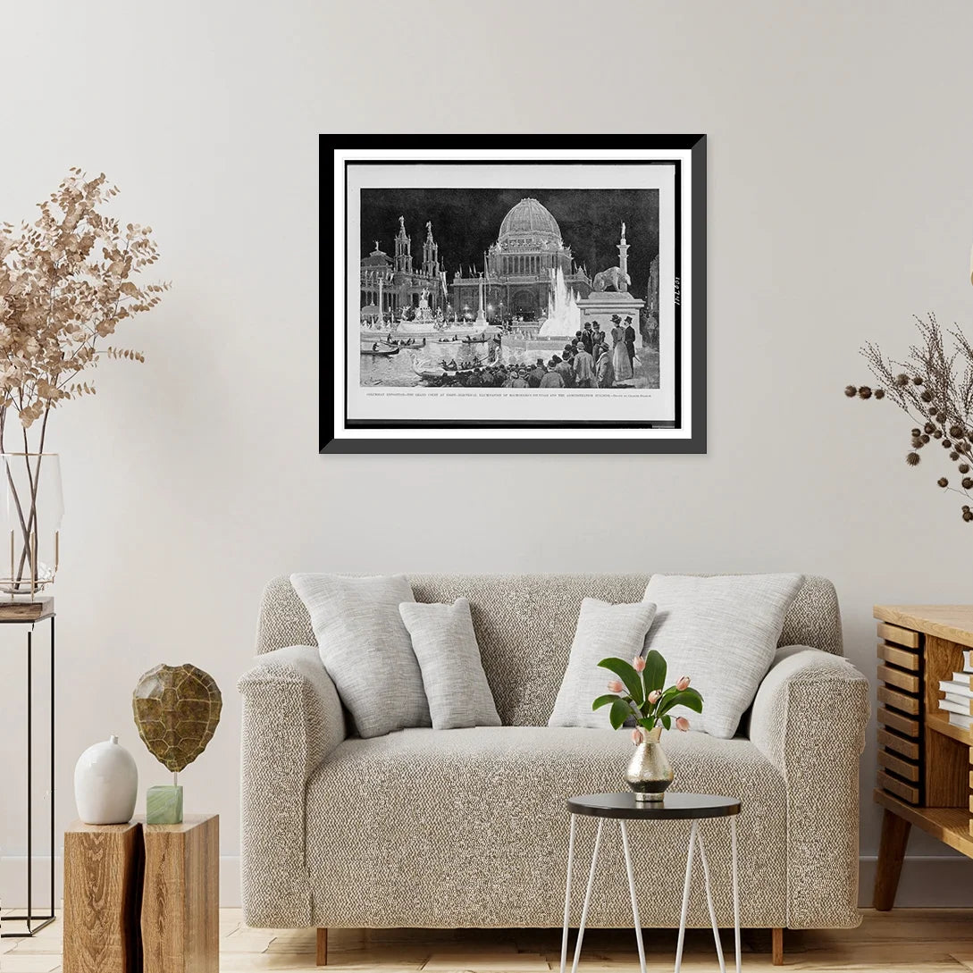 Historic Framed Print, Columbian Exposition. the grand court at night. electrical illumination of MacMonnies's fountain and the administration building.drawn by Charles Graham., 17-7/8" x 21-7/8"