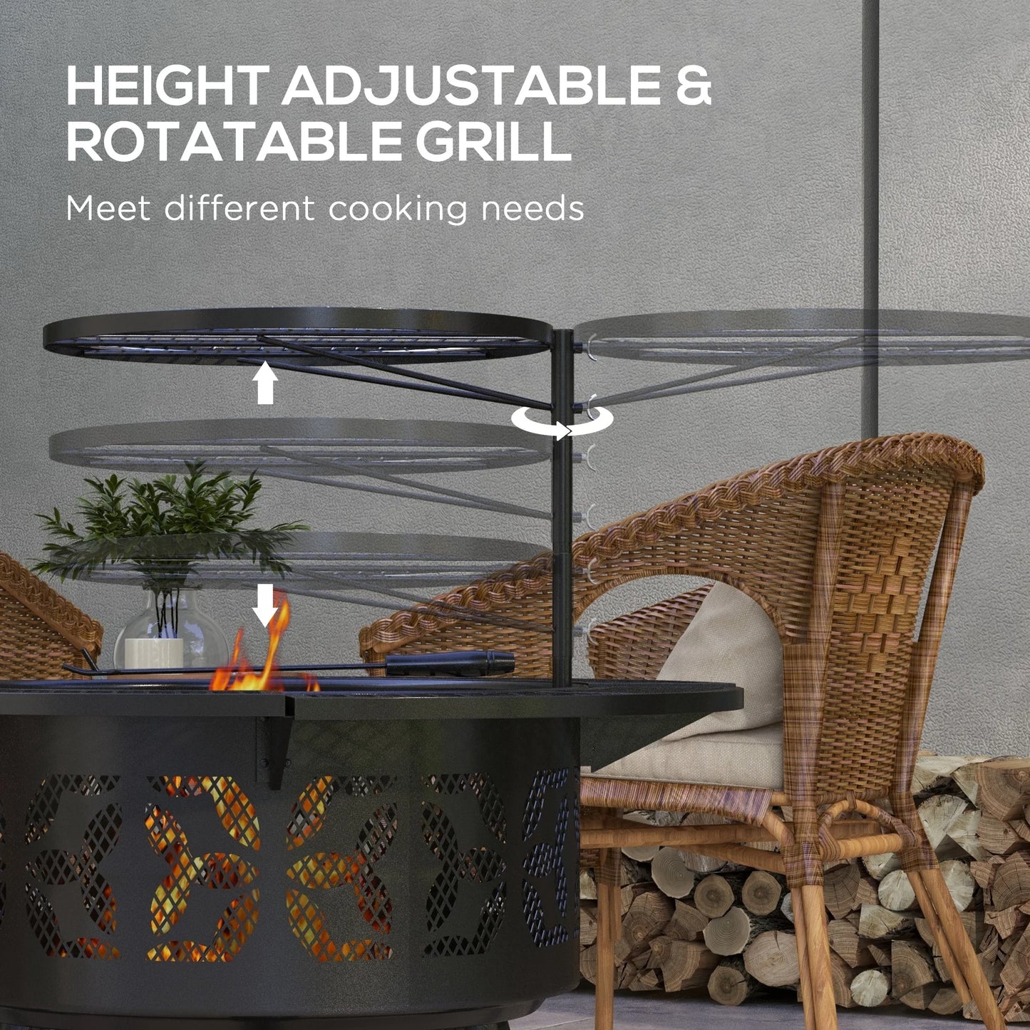 Capri 33" Outdoor Fire Pit BBQ Grill Wood Burning Firepit with Adjustable Cooking Grate and Poker, Round, Backyard, Patio, Picnic, Black
