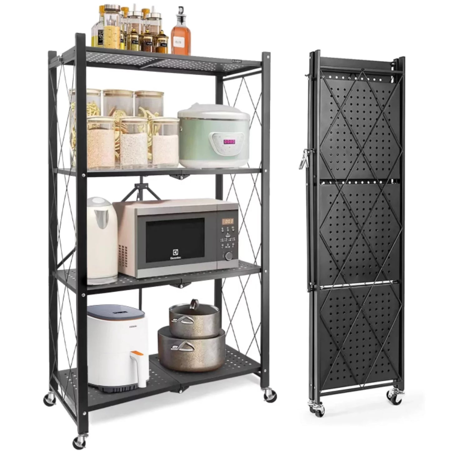 4-Tier Foldable Storage Shelf with Wheels - Metal Collapsible Shelving Unit Display, Rolling Cart Books Kitchen Storage Shelves, Pantry & Closet Organizer, Office Room Decor - Black