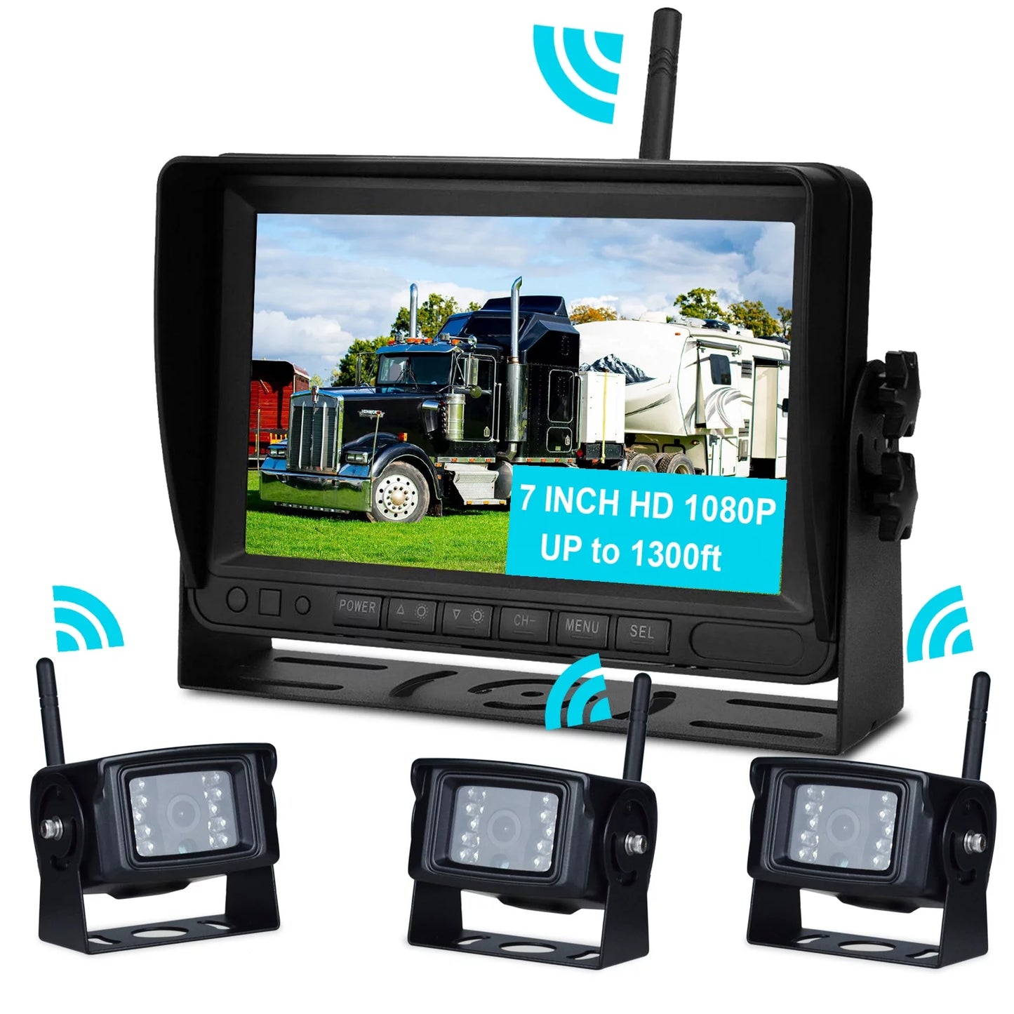 7" Display AHD 1080P Wireless 3CH Rear View Backup Camera Kit Truck Trailer