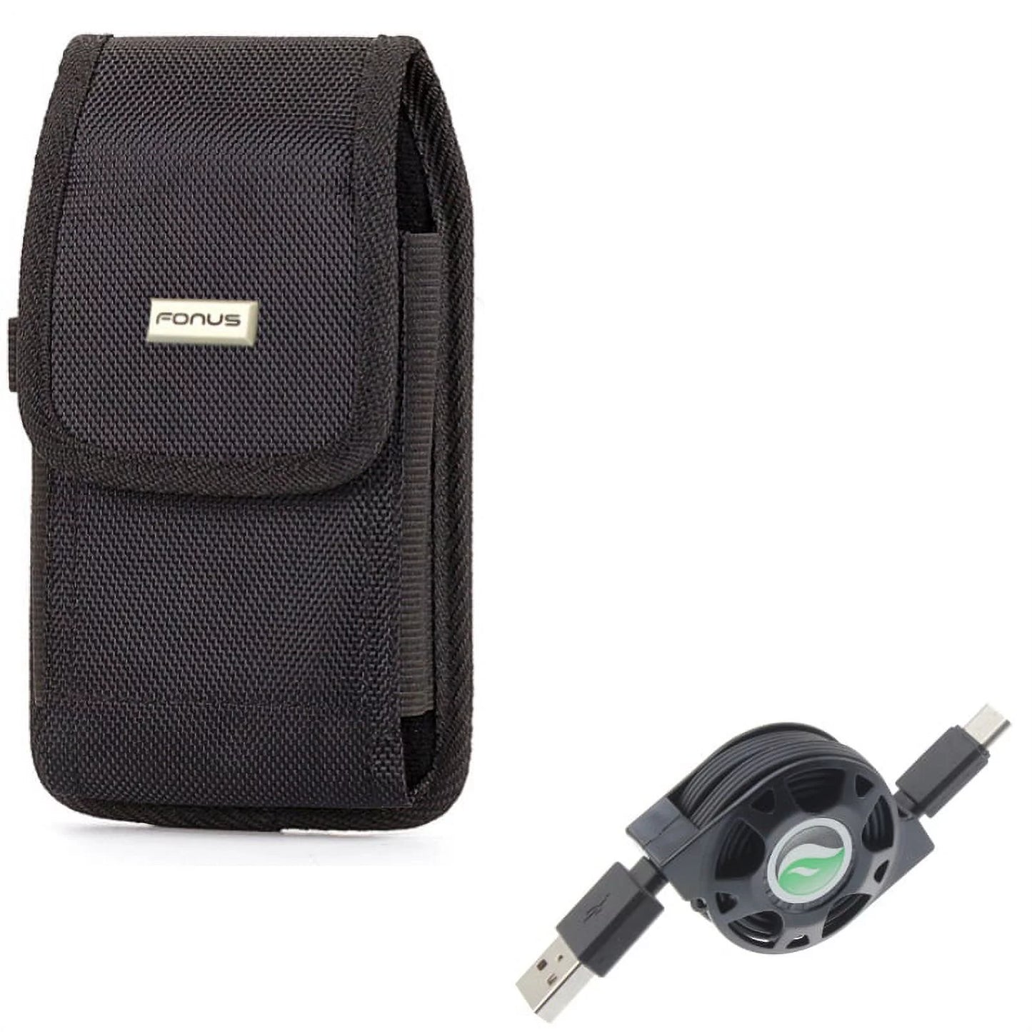 Rugged Durable Canvas Case Holster Metal Belt Clip w Black Type-C Retractable USB Cable Charger Power Wire Sync Y1G ZTE Axon 9 Pro