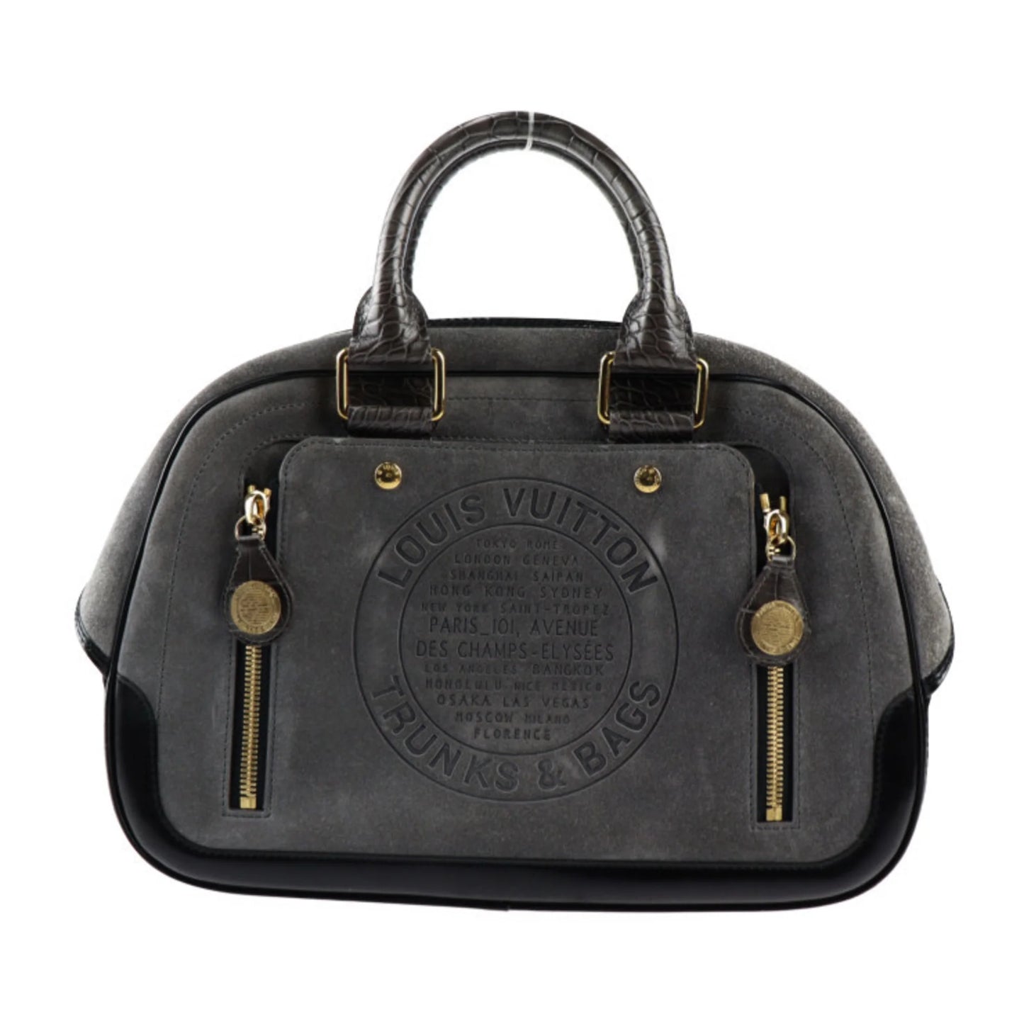 Pre-Owned LOUIS VUITTON Louis Vuitton Stamp Bag GM Handbag M95237 Suede Calf Leather Gray Black Gold Hardware (Good)