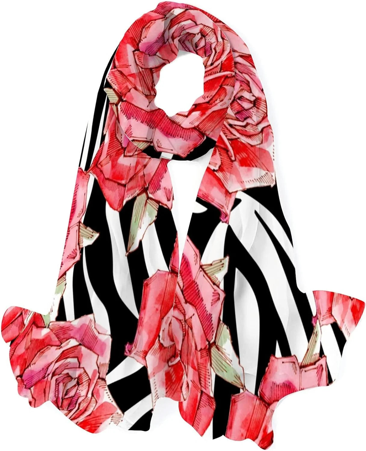 Hyjoy Watercolor Red Roses Long Silk Neck Scarf Lightweight Shawl Wrap Scarves Women Girls