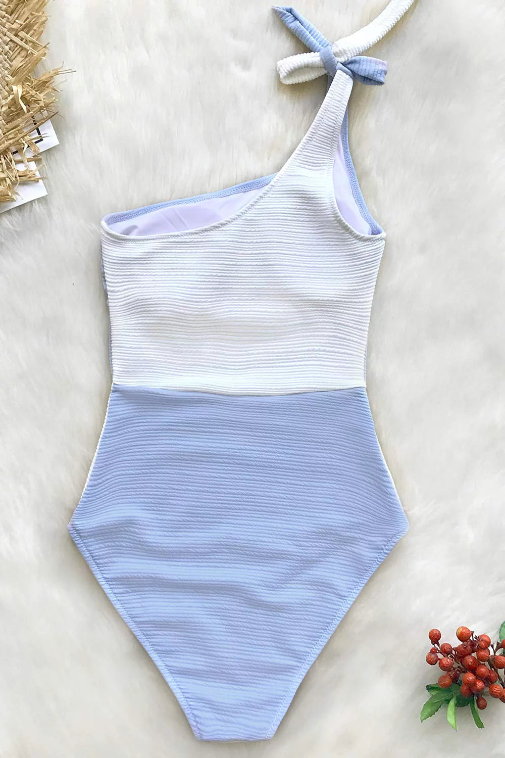 Cupshe Women's Blue Color Block One Shoulder Bowknot Tie One-Piece Swimsuit, XL