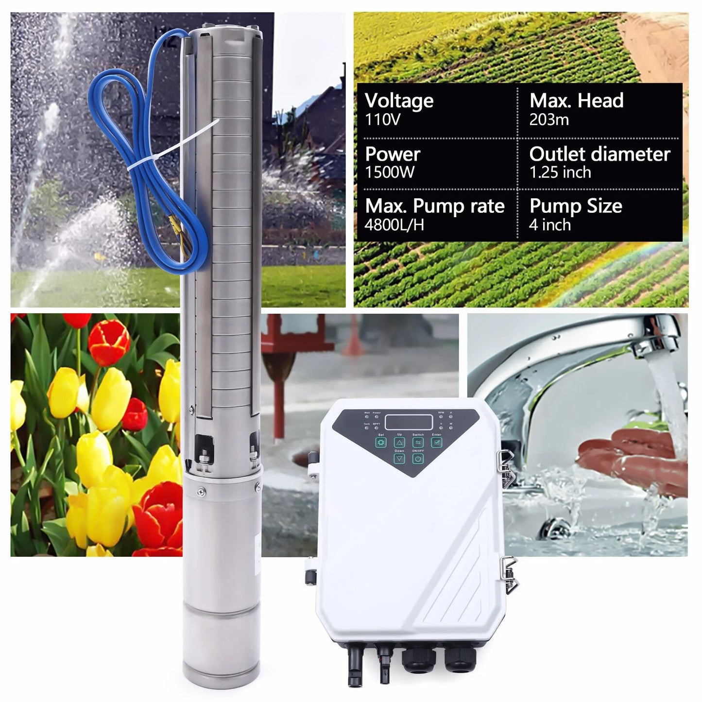 4" 2 HP 110V Solar Water Pump Submersible MPPT Controller Kit DC Deep Well Pump