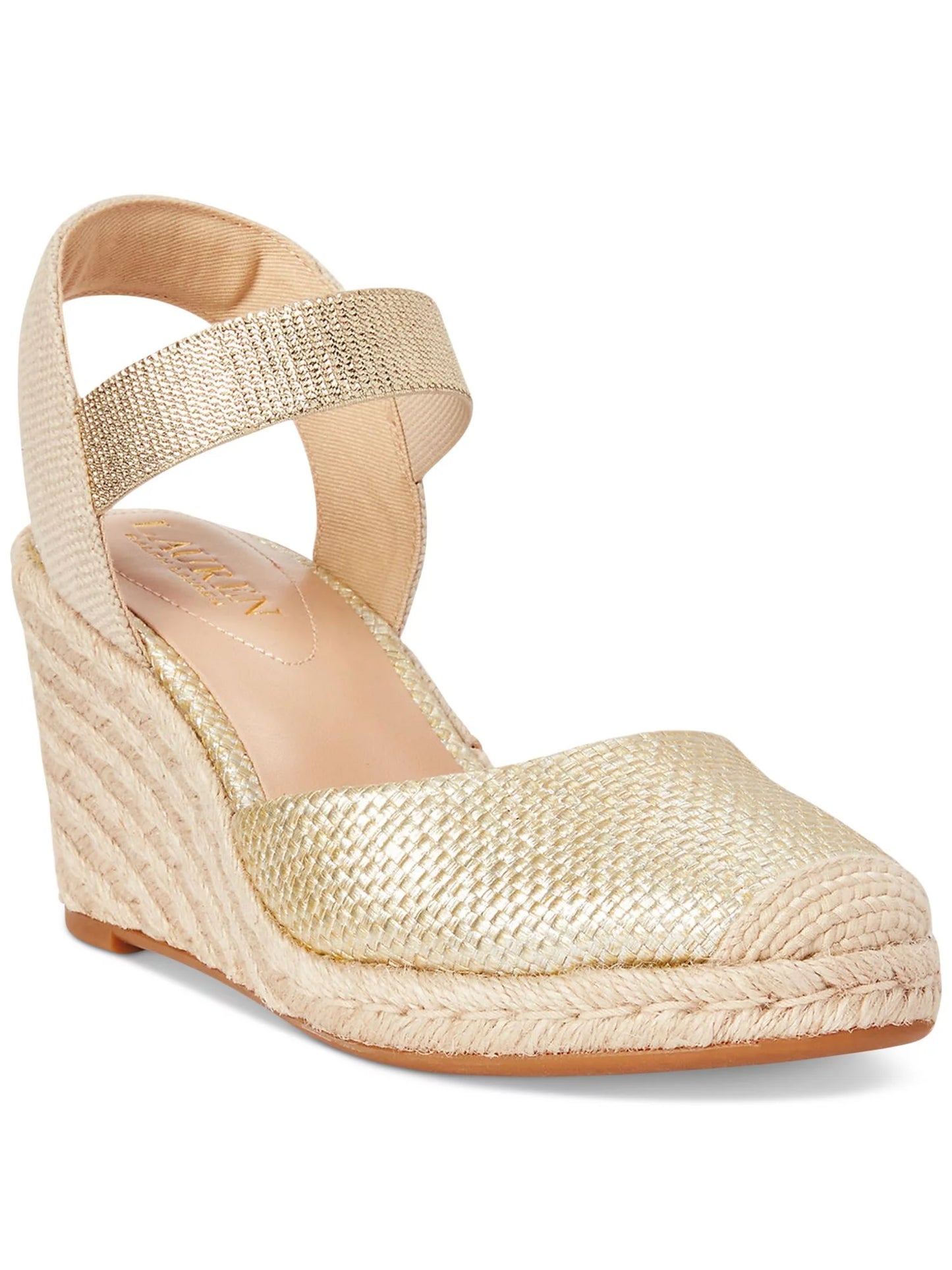 LAUREN RALPH LAUREN Mens Gold Mixed Media Ankle Strap Padded Pearle Cap Toe Wedge Slip On Espadrille Shoes 8 B