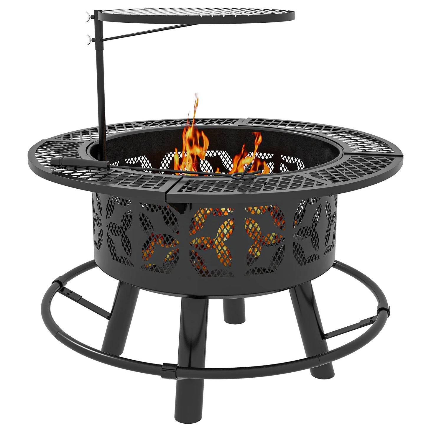 Capri 33" Outdoor Fire Pit BBQ Grill Wood Burning Firepit with Adjustable Cooking Grate and Poker, Round, Backyard, Patio, Picnic, Black
