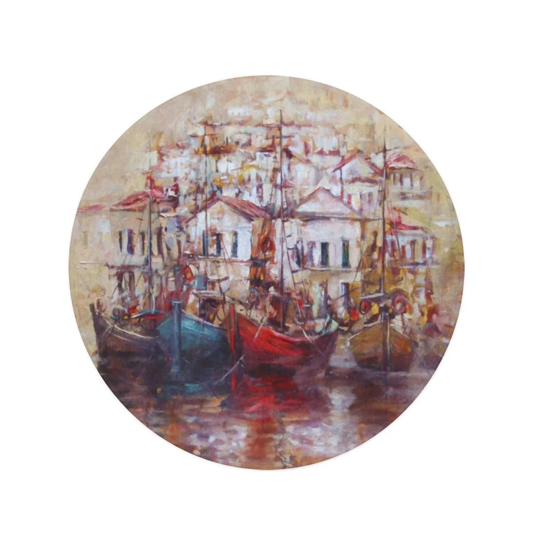 SIDONKU 60 inch Round Beach Towel Blanket Red Roof Watercraft Island Harbor Oil Painting on Canvas Travel Circle Circular Towels Mat Tapestry Beach Throw