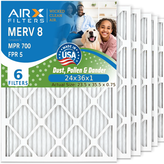 24x36x1 Air Filter MERV 8 Comparable to MPR 700 & FPR 5 Electrostatic Pleated Air Conditioner Filter 6 Pack HVAC AC Premium USA Made 24x36x1 Furnace Filters by AIRX FILTERS WICKED CLEAN AIR.