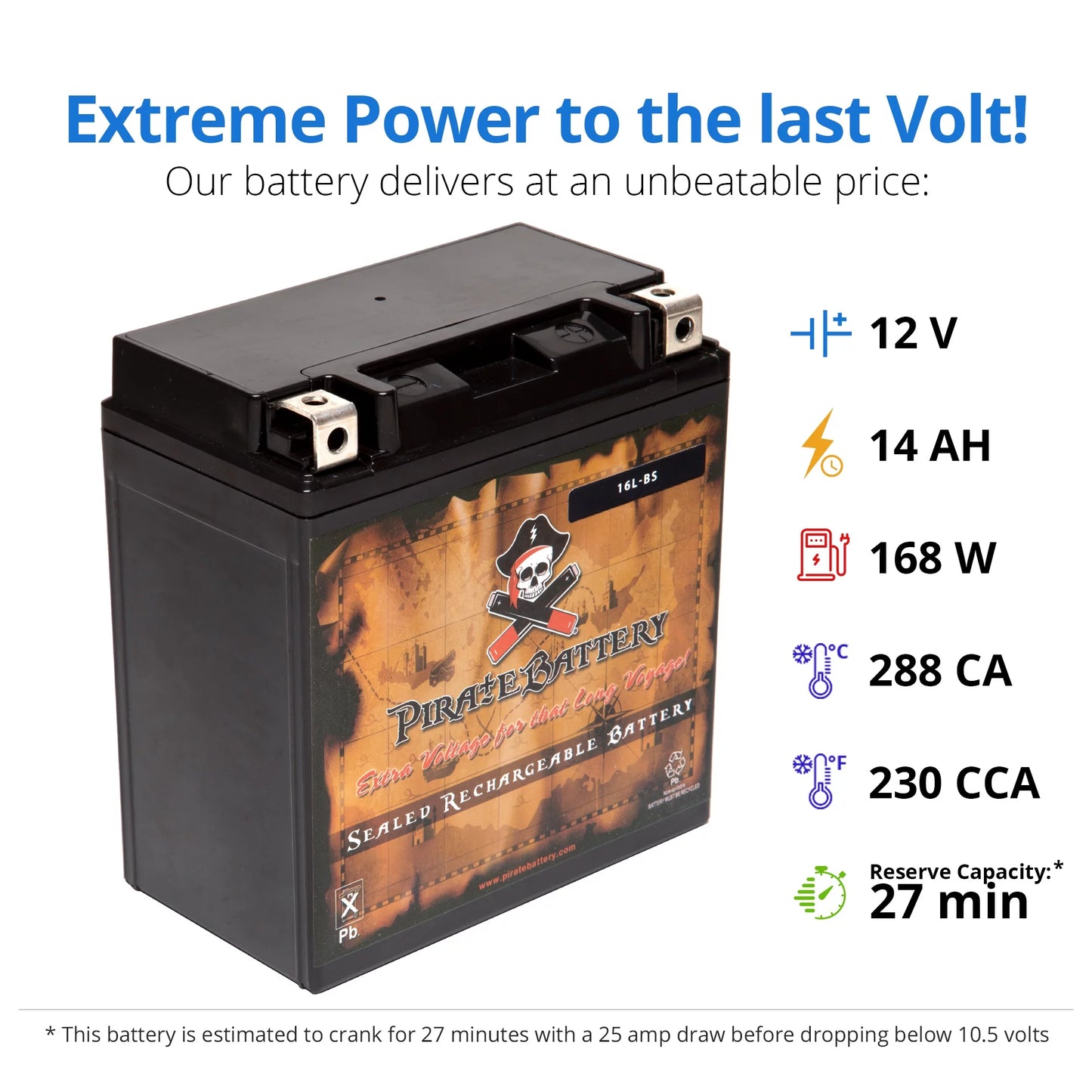 Pirate Battery YTX16L-BS (16L-BS 12 Volt,14 Ah, 230 CCA) Jet Ski Battery Kawasaki 650cc Jf650 X2 1987