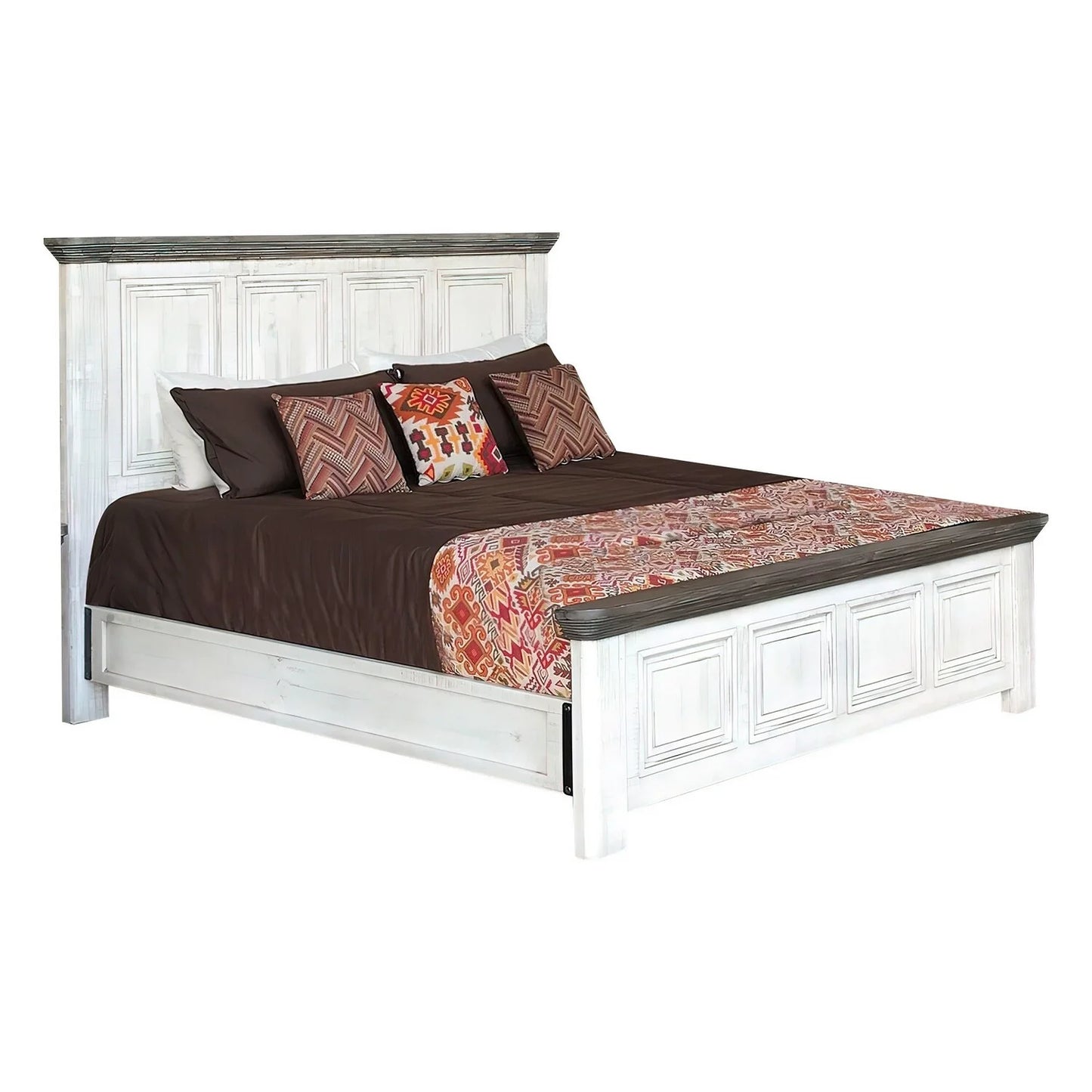 Benjara Feyi Queen Size Bed, Clean Rustic Headboard and Footboard, White, Gray