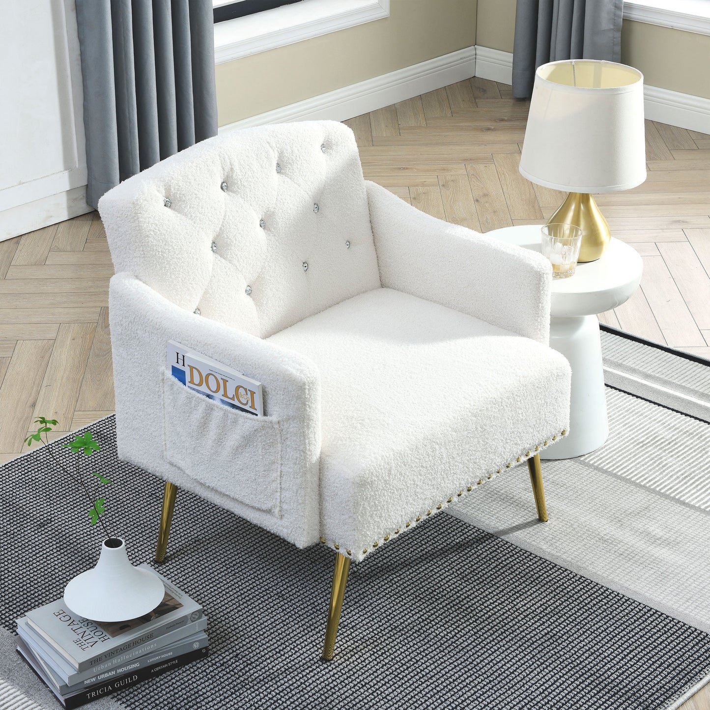 [Video]Welike 30 "W Modern Chesterfield Tufted Upholstered Chair with Deep Buttons, Living Room Chair, Comtable Armchair, Gold Hardware Legs, Tufted Chair Reading or Relaxing, WHITE TEDDY