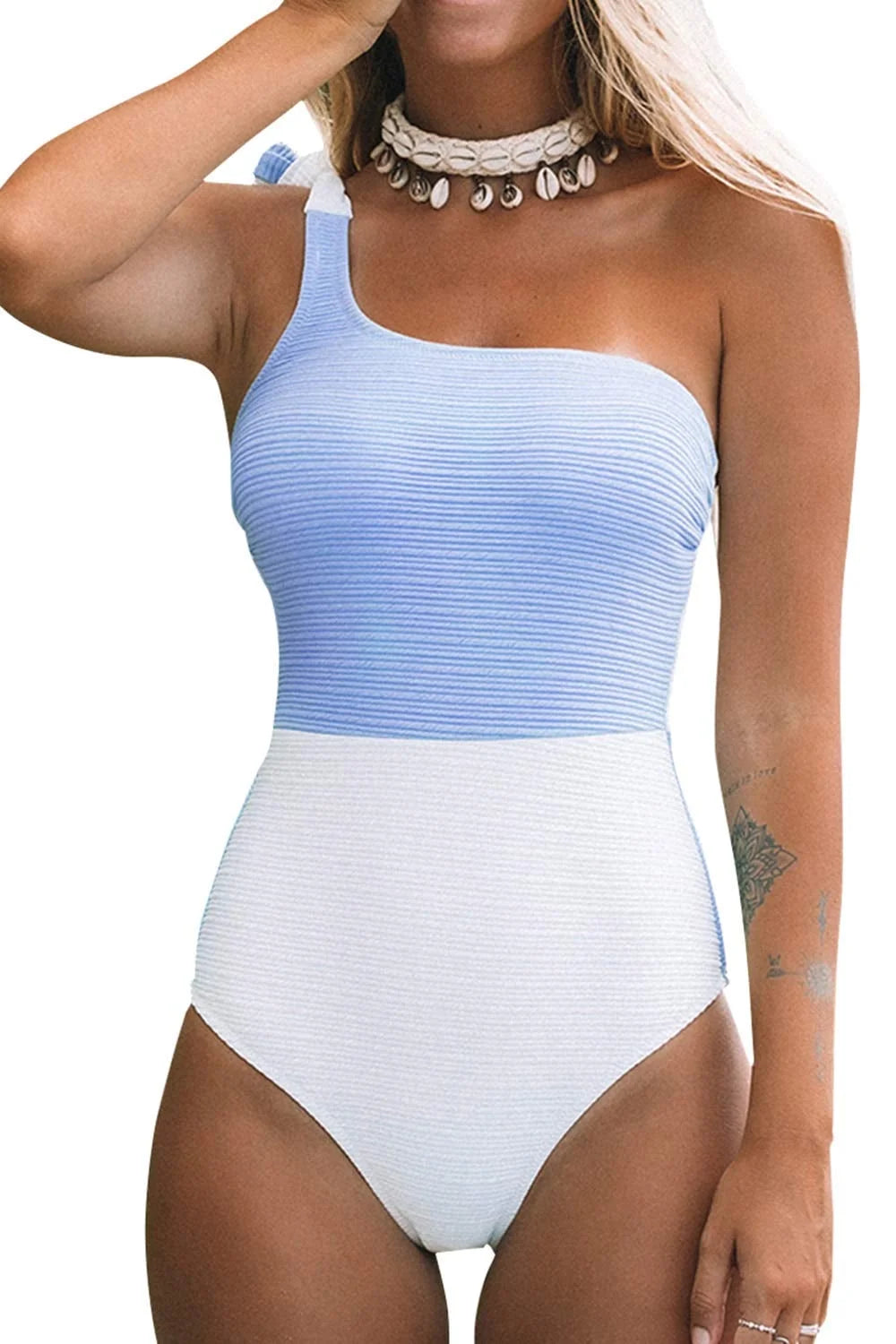 Cupshe Women's Blue Color Block One Shoulder Bowknot Tie One-Piece Swimsuit, XL