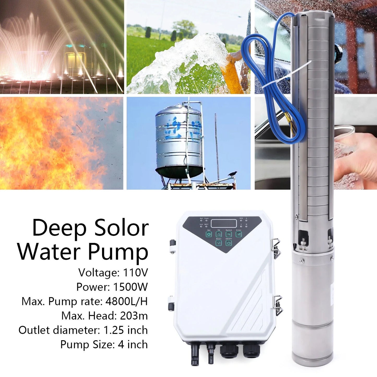 4" 2 HP 110V Solar Water Pump Submersible MPPT Controller Kit DC Deep Well Pump