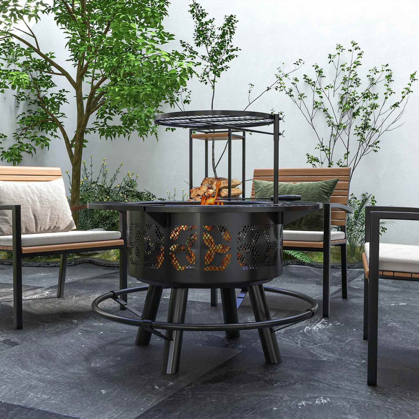 Capri 33" Outdoor Fire Pit BBQ Grill Wood Burning Firepit with Adjustable Cooking Grate and Poker, Round, Backyard, Patio, Picnic, Black