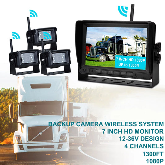 7" Display AHD 1080P Wireless 3CH Rear View Backup Camera Kit Truck Trailer