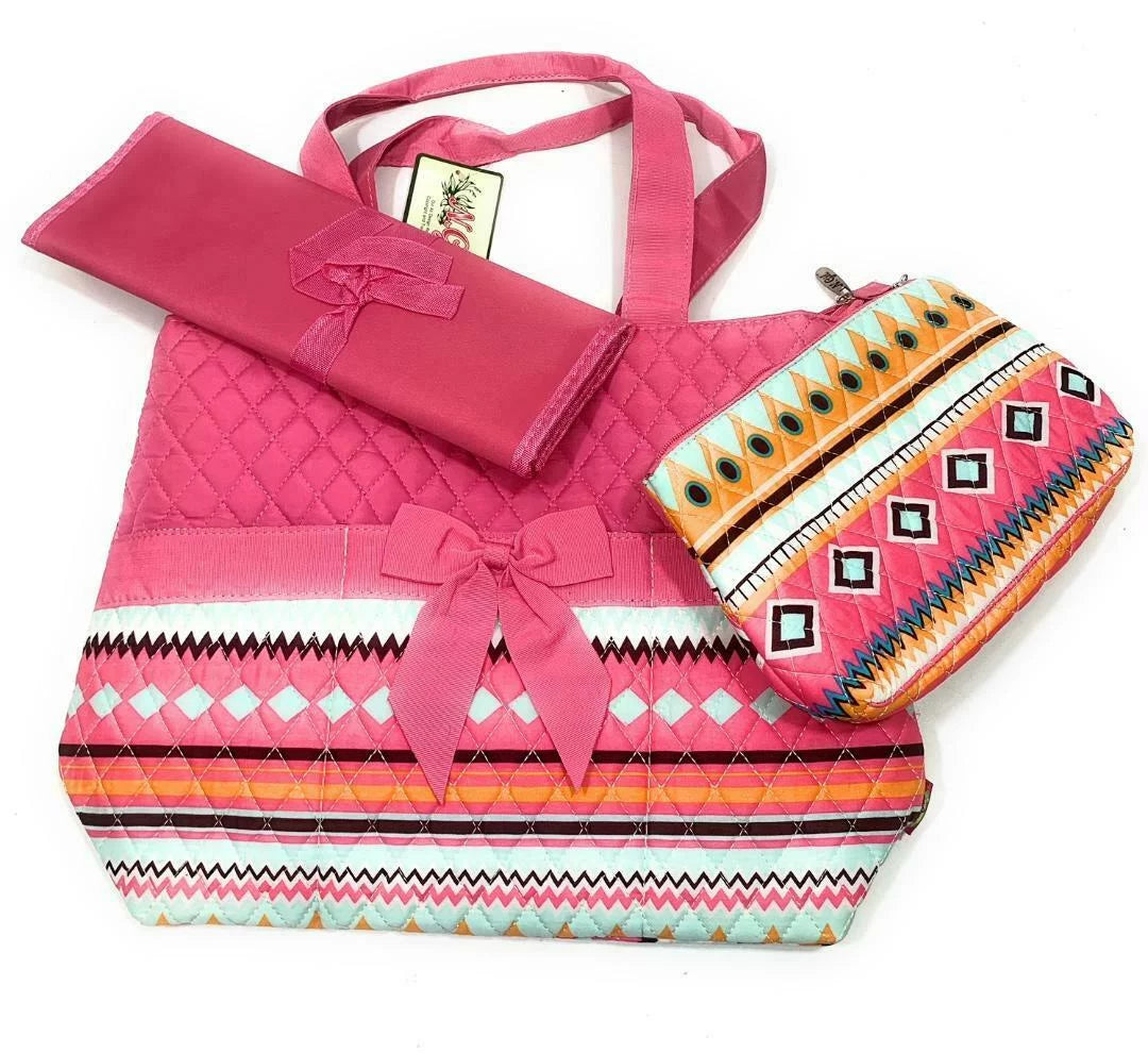 Baby 3 Piece Girl Diaper Bag Changing Pad Zipper Pouch Set Pink Blue Orange Aztec Serape