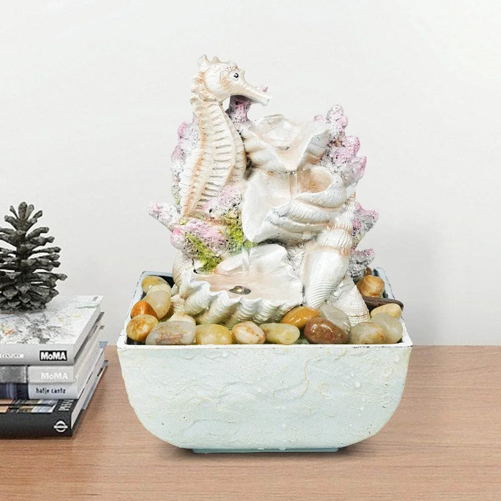 Ferrisland 3-Tier Seahorse And Shell Tabletop Water Fountain With LED Lights