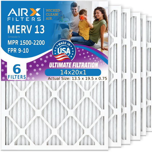 14x20x1 Air Filter MERV 13 Comparable to MPR 1500 - 2200 & FPR 9 Electrostatic Pleated Air Conditioner Filter 6 Pack HVAC AC Premium USA Made 14x20x1 Furnace Filters by AIRX FILTERS WICKED CLEAN AIR.
