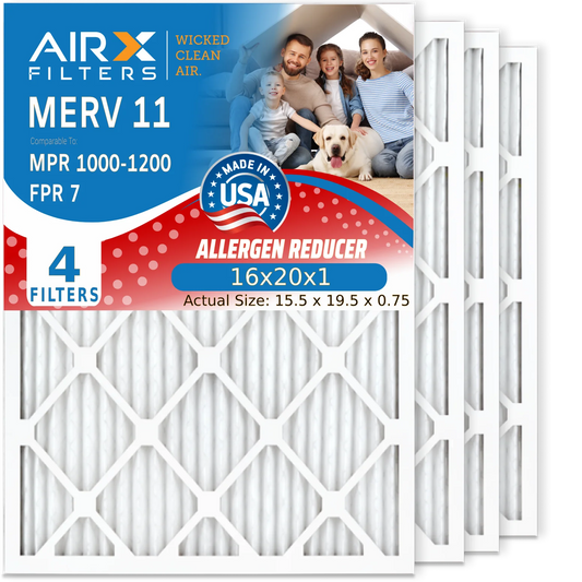 16x20x1 Air Filter MERV 11 Comparable to MPR 1000, MPR 1200 & FPR 7 Electrostatic Pleated Air Conditioner Filter 4 Pack HVAC Premium USA Made 16x20x1 Furnace Filters by AIRX FILTERS WICKED CLEAN AIR.