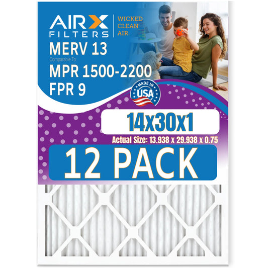 14x30x1 Air Filter MERV 13 Rating, 12 Pack of Furnace Filters Comparable to MPR 1500 - 2200 & FPR 9 - Made in USA by AIRX FILTERS WICKED CLEAN AIR.